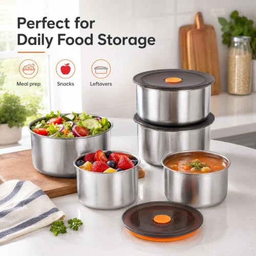 Image of KOMUEE ELEGAR Round Stainless Steel Food Container 50ML | Airtight Silicone Cover | Leak-Resistant Reusable Storage Bowl for Kitchen, Refrigerator, Snacks & Leftover Food (2 pcs food box)