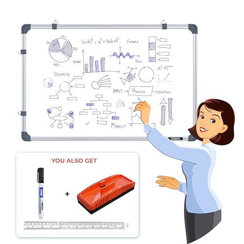Image of GOSHU Non Magnetic 3 feet x4 feet Double Sided White Board and Chalk Board Both Side Writing Boards Includes Non-Magnetic Duster, One Black Ink Marker and 30cm Scale (3 feet x4 feet, Pack of 4 Items)