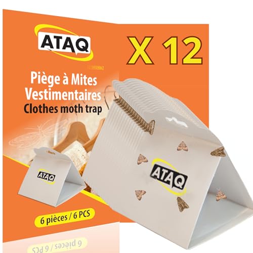ATAQ - Pack de 12 trampas para polillas de vestir - Trampa antipolillas adhesiva para feromonas con pegamento de alto rendimiento - contra la infestación de las polillas en la habitación, protege la