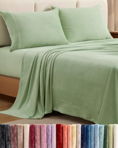 Image of Fleece Sheets Queen Size Set - 4-Piece Flannel Sheet Set - Sage Green