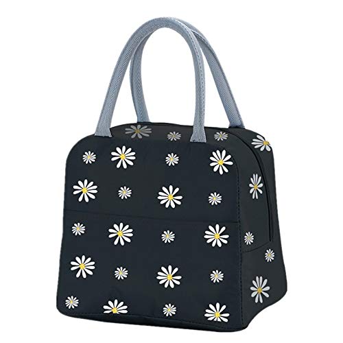 Image of Insulated Lunch Bag, Portable Thermal Lunch Bags Cooler Bag Daisy Pattern Lunch Box Organizer Tote Bag for Women Adults Kids Girls Work School Picnic Camping Travel (Black)