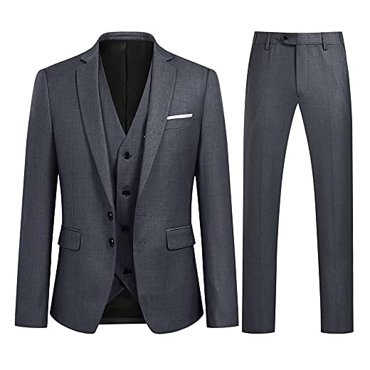 Män smal passform 3-delad kostym klassisk business bröllop kostymer smoking blazer väst byxor, Grå, XXL