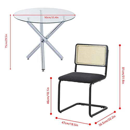 Ansley&Hosho 3-Piece Dining Room Table And Chairs Set For Home Dinette Small Space, Mid-Century Kitchen Table Sets With Chrome Legs For 2, 35.4" Round Glass Dining Table With 2 Rattan Side Chairs #TOP6