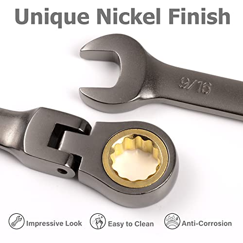 Yiyeie 9Pcs Flex-Head Ratcheting Combination Wrench Set, Sae 5/16-3/4 In, Nickel Plating, 72-Tooth Ratchet Box End And Open End, Cr-V Constructed, With Carrying Pouch #TOP4