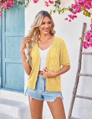 Image of Yekaty Womens 2026 Short Sleeve Crochet Summer Cardigan Cropped Button Sweater Lightweight Shrug for Dress