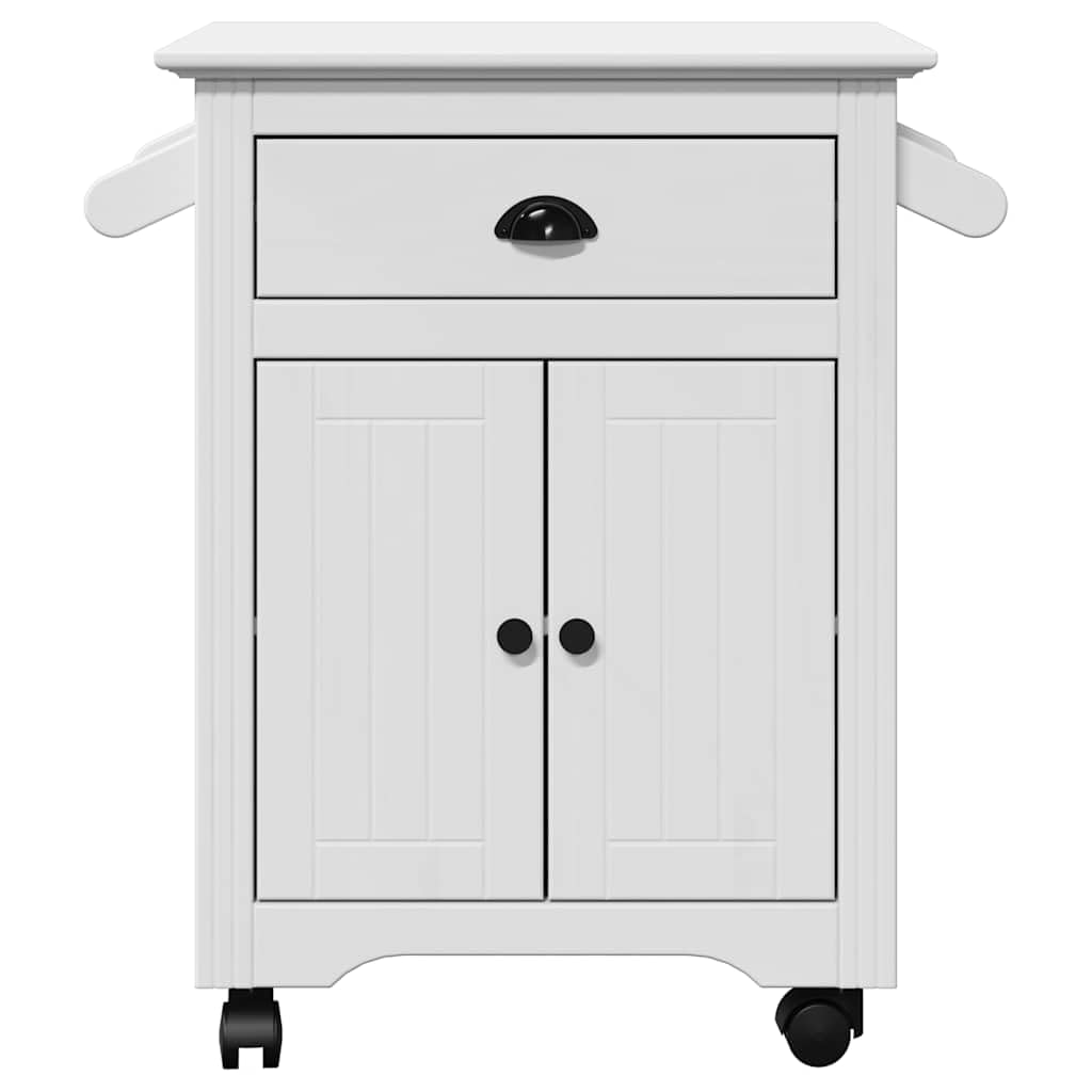 Carrello da cucina BODO bianco in legno di pino massiccio, 72 x 45 x 80 cm, con cassetto, ruote, spazio e maniglie in metallo per cucina, carrello da servizio, carrello d'appoggio, organizer