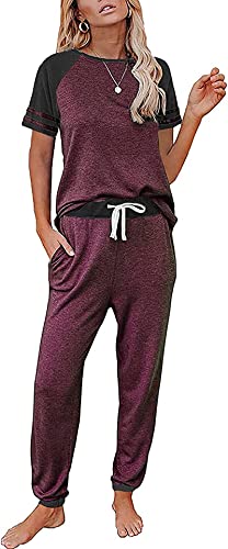Image of PRETTYGARDEN Women's Two Piece Outfits Striped Short Sleeve Pullover and Long Pants Tracksuit Pajama Lounge Jogger Sets