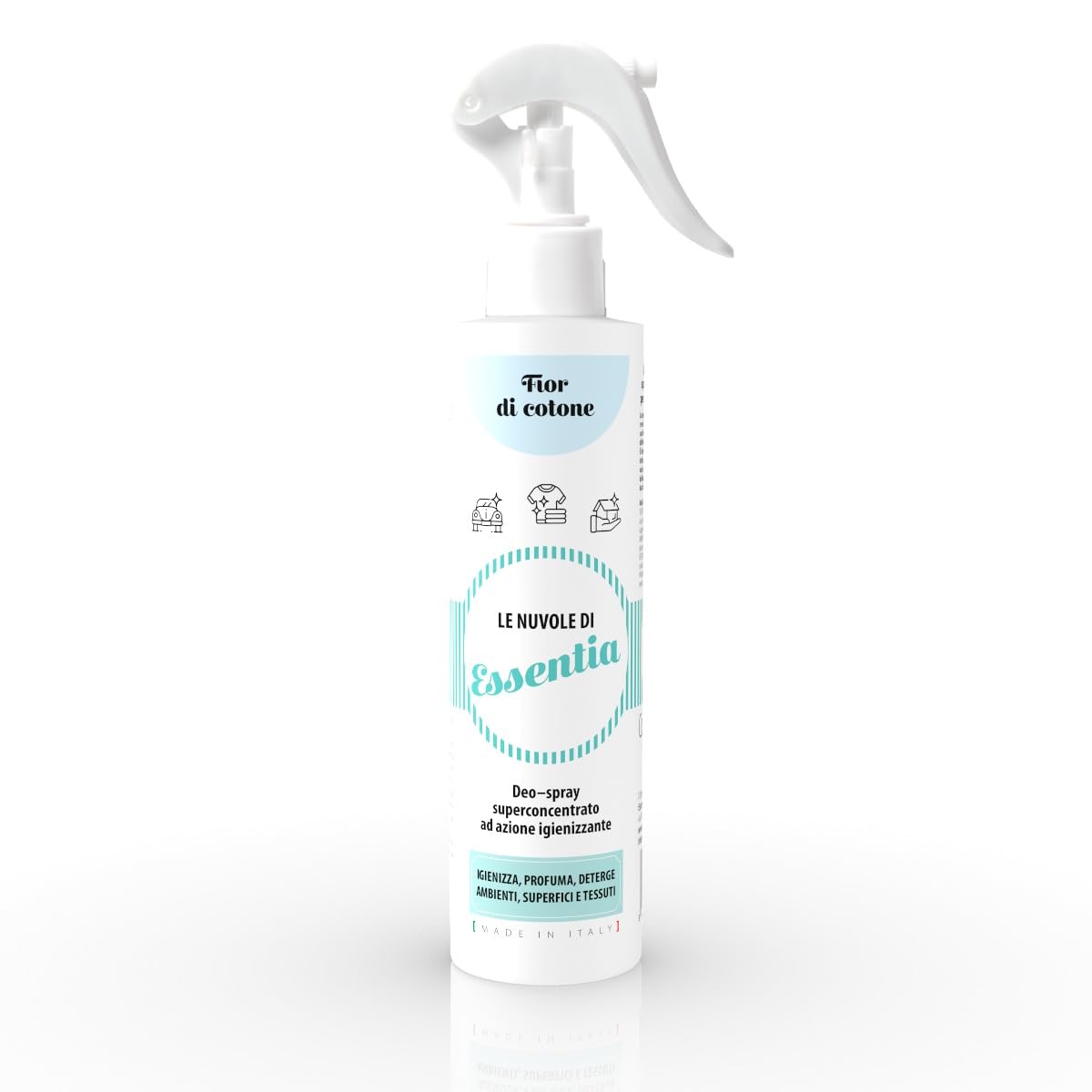 Le Nuvole di ESSENTIA, Profumo Igienizzante Spray | Fior di Cotone | 250 ml (Confezione da 1) | Per Ambienti, Tessuti e Superfici con Essenze Naturali e Sali Quaternari di Ammonio