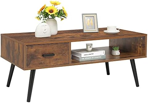 Iwell Mid Century Coffee Table with Drawer and Storage Shelf for Living Room, Wood Cocktail Table, Accent TV Table for Reception Room/Office, Easy to Assemble, Rustic Brown