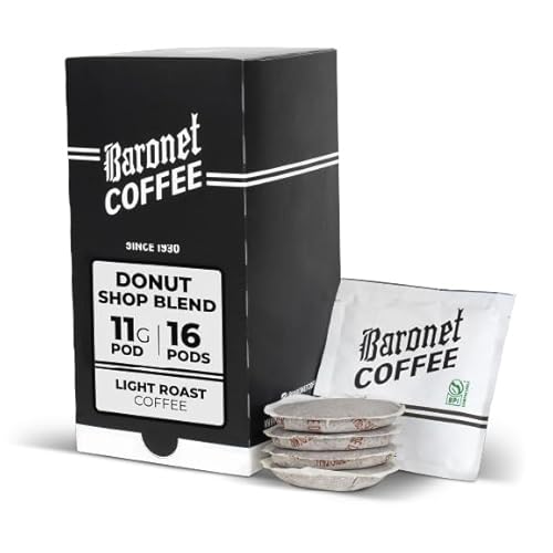 Baronet Coffee Pods [Donut Shop Blend] Single Cup Soft 11 Gram - 1 Box of 16 Single Serve 11 Gram Pods, Light Roast, Kosher, Vegan [Donut Shop Blend]