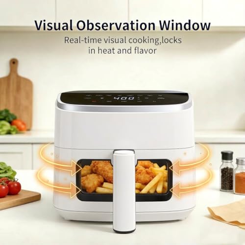 Image of HealSmart 4 Qt Air Fryer with Visible Window, 8-in-1 Digital Airfryer with Interior Light, 1500W, Nonstick Dishwasher-Safe Basket for Fries, Bake, Wings, 60-Min Timer, White