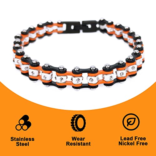 Stainless Steel Bike Chain Motorcycle Chain Bracelet For Women Men, Heavy Metal Biker Bracelet With Crystal Rhinestone, Bicycle Link Chain Bracelet, Black & Orange Chain And White Bead, M #TOP1