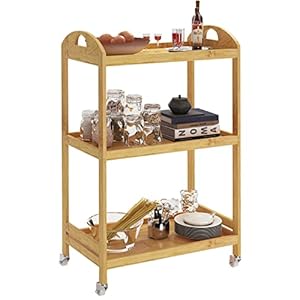 SogesHome Trolley Chariot de Cuisine en Bambou à 3 Niveaux avec Roues, Support de Stockage Mobile, Chariot de Stockage de Cuisine, KS-ZC-06-SH