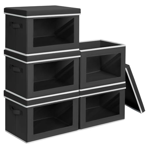 Image of Homsorout Stackable Storage Bins with Lids - Medium Storage Box with Lids, Foldable Closet Boxes for Organizing, Wardrobe Clothes Organizer with Window, Cubes Bins for Living Room, 5 Pack, Black