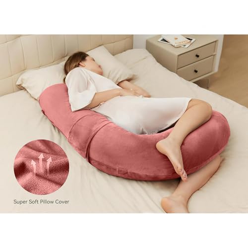 Image of J-Shaped Sleeping Pregnancy Pillow| Removable Velvet Covers| PregnoCare Fibres| Baby Shower Gift, Maternity, Nursing| Full Body Soft-Support Bump, Head, Back, Shoulder, Hips, Legs and Belly(Rose Gold)