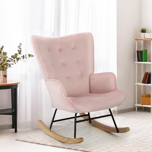 Oikiture Rocking Chair Nursing Armchair Velvet — Pink Upholstered, Gentle Motion, Modern Accent Chair for Nursery or Bedroom