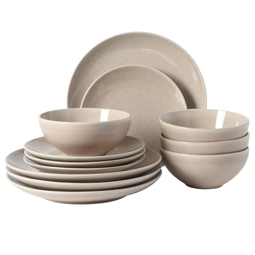 Image of Gibson Elite Castle Peak Plates and Bowls Set, 12-Piece Dinnerware Set, Taupe Reactive Glaze Stoneware Dishes, Dinner Plates, Salad Plates & Cereal Bowls