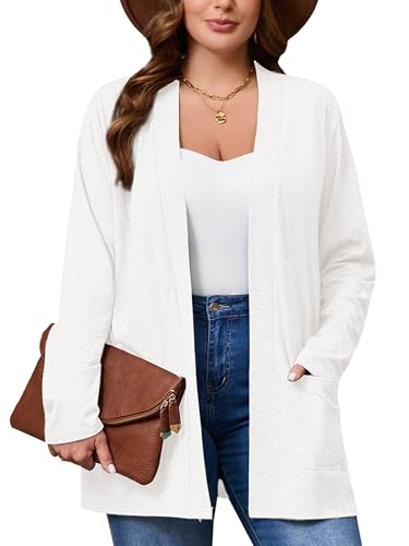 Image of AusLook Plus Size Lightweight Cardigans for Women Open Front Pockets Jacket | 1X-5X,Soft Stretch,Long Sleeve,Longline Coverage,Dress Jeans Layer,Work Travel Style,Spring Fall Wear