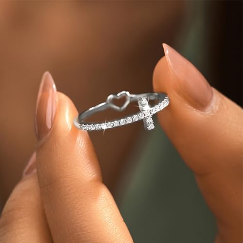 925 Sterling Silver Cross Rings for Women Cubic Zirconia Faith Hope Christian Rings Heart Ring Promise Rings for Her Purity Ring Mothers Ring Religious Jewelry Easter Baptism Christmas Gifts3