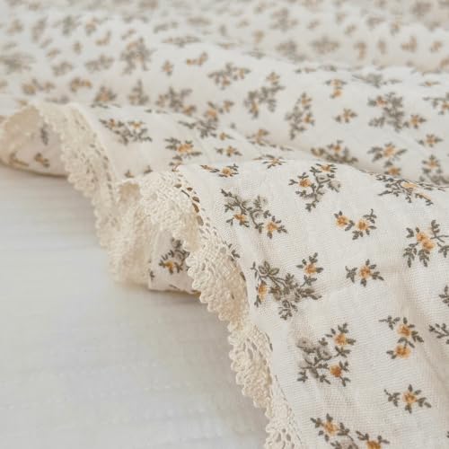 Image of BuLuTu Muslin Kids Quilt Soft Breathable Toddler Girls Boys Twin Bed Comforter, Vintage Floral Quilted Blankets with Lace Edges, Osmanthus Print, 60x78 Inches, Machine Wash