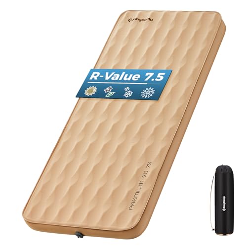 Image of KingCamp Self Inflating Sleeping Pad, R 7.9 Air & Foam Sleeping Pad for Camping, 3 inch Thick Single Camping Mattress with 3D Sidewalls & Wave Surface Cut for Outdoor Tent Cot Car, PVC Free (Khaki)