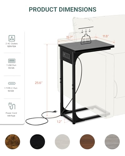 Image of C-Shaped Side Table for Couch - Small Coffee Stand Sofa Tray Desk with Metal Frame Waterproof Scratch Resistant Wood Top and Built-in Charging Station, Black