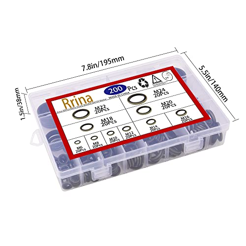 200Pcs Metric Dowty Bonded Seal Oil Washer Assortment Kit, 10 Sizes M6 to M24