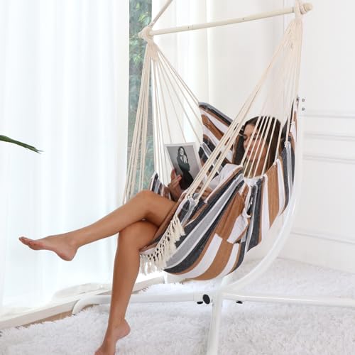 Image of Chihee Hammock Chair Foot Rest 2 Cushions Max 500lbs Metal Spreader Bar | Robust Hanging Chair Soft Cotton Blended Swing Collapsible Easy Storage Strong Strap Iron Carabiner Pocket Indoor Outdoor