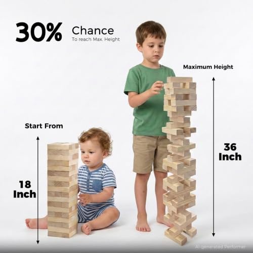 Image of Outdoor Games Medium Tumble Tower 54 Wood Blocks Stacking Game, 3 FT Tall