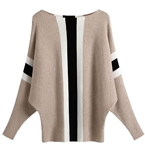 Image of EDSTAR Boat Neck Batwing Sleeves Dolman Knitted Sweaters Autumn /Winter Pullovers Tops for Women Stripe Khaki