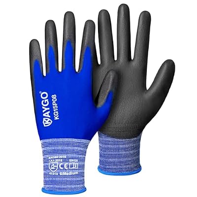KAYGO Work Gloves PU Coated-12 Pairs, KG15P,Nylon Lite Polyurethane Safety Work Gloves, Gray Polyurethane Coated, Knit Wrist Cuff,Ideal for Light Duty Work (Medium, Blue)