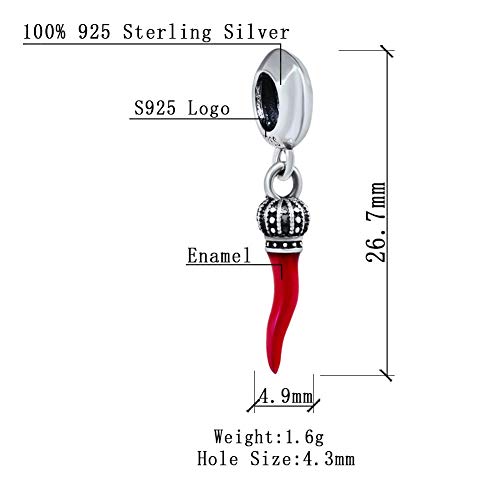Red Italian Horn Charm Pendant, 925 Sterling Silver Corno Chili Pepper Dangling Bead, Fit Pandora Style Bracelet Necklace2