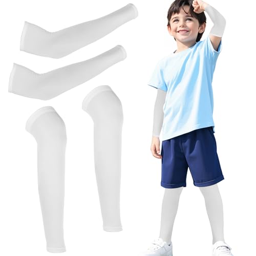 Piriuuo 2 Pairs Kids Arm Sleeves for Basketball, Long Compression Leg Sleeves and Arm Sleeves Youth Basketball Leg Sleeves Non Slip Arm Wraps for Boys Girls Youth(White)