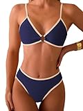 Fanuerg Women's Triangle Bikini Sets Circle Ring Linked Two Piece Swimsuit Color Block Cheeky Bathing Suit Navy Blue XL