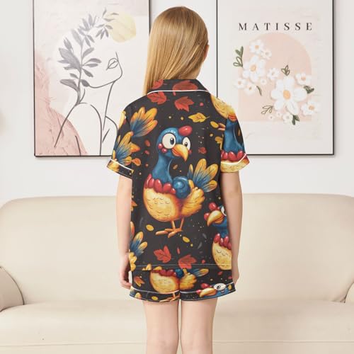 Satin Pajama Sets Short Sleeve Autumn Leaves Bird Turkey Button Down Silky Nightwear 2 Piece PJS 5-14Y4