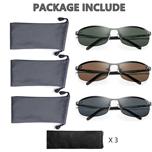 Image of 3 Pack Polarized Sunglasses for Men, Semi-Rimless Frame Driving Fishing Sun glasses UV400 Block Glare /Blue Light