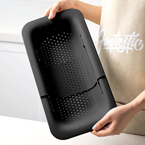 Image of Collapsible Sink Colanders and Strainers Basket Extendable Plastic Fruit Vegetable Strainer Drainer Basket for Kitchen (Length 13.6 inch-18.7 inch) (Black) 6 * 10