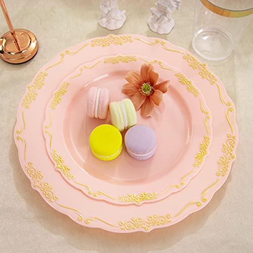 Supernal 210 Pink Gold Plastic Plates & Gold Plastic Silverware,Gold Plastic Cups,Dessert/Salad Plate With Gold Rim,Gold Cutlery,Gold Napkins,Suit For Mothers Day thumb #3