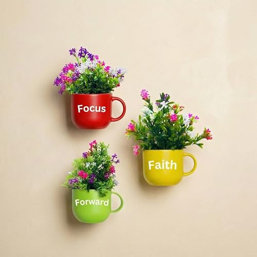 Image of Dekorly Wall Hanging Mug Planters with Artificial Flowers (20CM) - Decorative Hanging Cups, Colorful Floral Wall Decor for Living Room Bedroom Balcony Office Gift Set (3, Focus Faith Forward)