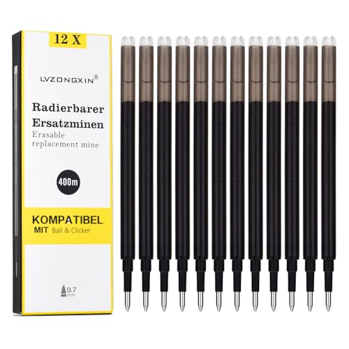 [12 Stück] - LVZONGXIN Radierbare Ersatzmine, Kompatibel mit Pilot FriXion Ball & Clicker & Eberhard Faber, Tintenroller Radierbar, Spitze 0,7 mm, (Schwarz, 12)