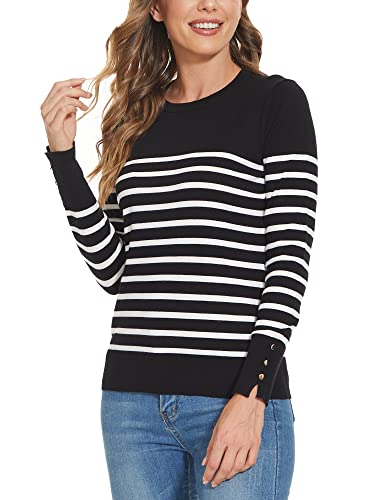 Image of Spicy Sandia Women's Long Sleeve Crewneck Sweaters Dressy Casual | Striped or Solid Available, Classic, Business Casual Tops for Office Work