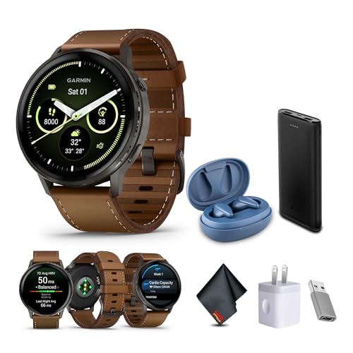 Garmin Venu 4, 45mm, Advanced Fitness and Multisport Tracker GPS Smartwatch, 1.4' AMOLED Display, Built-in Flashlight, 12 Days of Battery Life, Slate with Brown Leather Band