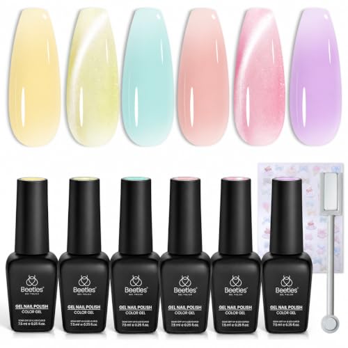 Beetles Jelly Gel Nail Polish Set, 6 Colors Pastel Cat Eye Gel Polish