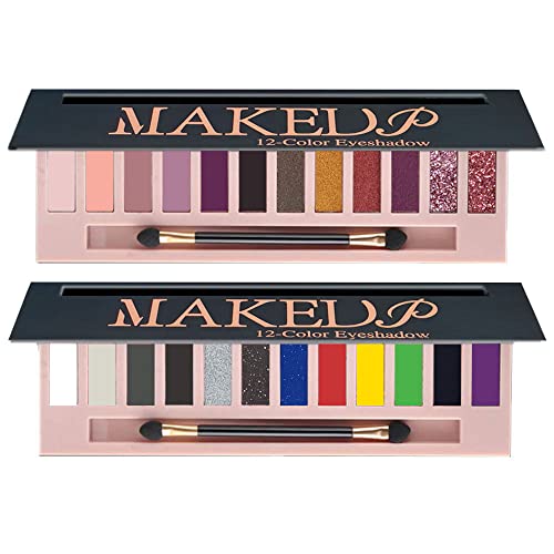 2 Pack 12 Colors Eyeshadow Palette Set Nude Black Grey Blue Silver Smokey Colors Eye Shadow Palettes Natural Matte Shimmer Glitter Pigment Eye Shadow Pallete Set Eyeshadow Bright Vibrant Colors Shades Beauty Makeup Kit