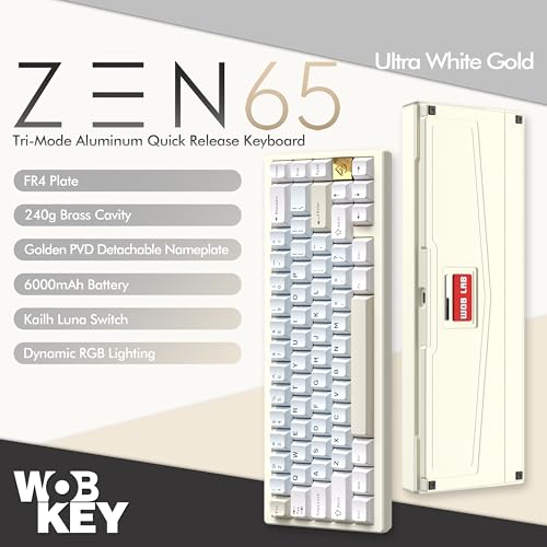 Image of KEEBMONKEY WOBKEY Zen 65 65% Quick Release Wireless Mechanical Keyboard with RGB, CNC Aluminum Case, Hot-Swappable, VIA Support, BT /2.4G /USB-C Gaming Keyboard for Mac /Windows (Ultra White Gold)