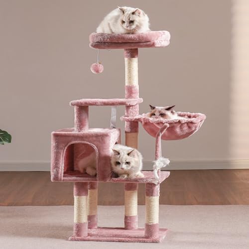 Image of Heybly Cat Tree with Toy, 43.3 inch Cat Tower condo for Indoor Cats, Cat House with Padded Plush Perch, Cozy Hammock and Sisal Scratching Posts, Skin Pink HCT004SP