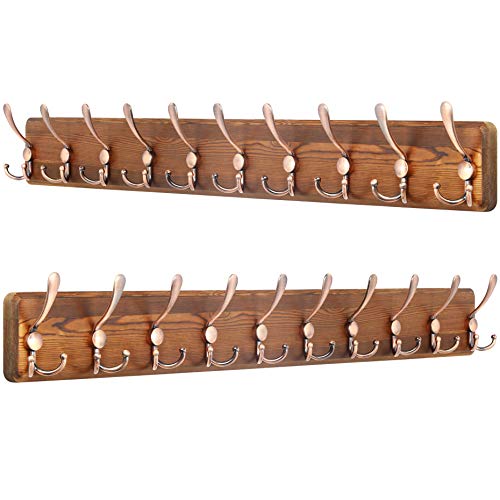 Image of SKOLOO Coat Rack Wall Mounted - 38.3'' Long, Pack of 2, Wooden, Heavy Duty, Rustic Coat Hooks for Wall, Wall Coat Rack with 10 Triple Hooks for Hanging Clothes, Jacket, Hat(Brown & Retro Red)