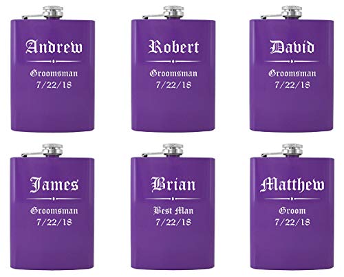 Personalized Engraved Flask Set of 6, Custom Engraved Flask, Engraved Wedding Flask, Engraved Hip Flask, Groomsmen Flasks (Purple Regular)