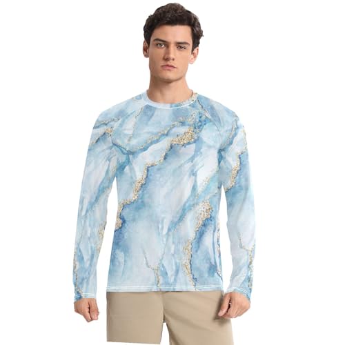 Abstract White Blue Marble Vintage Gold Men's Rash Guard Shirts Breathable Comfort Men's Sun Protection Long Sleeve Outdoors