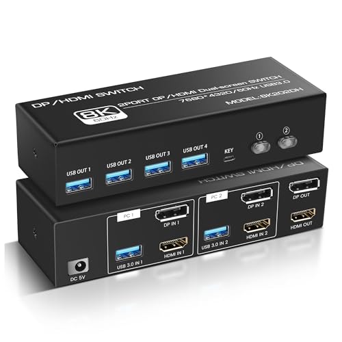 8K@60Hz HDMI KVM Switch 2 Monitors 2 Computers, HDMI KVM Switch with 4 USB 3.0 Ports Share Keyboard Mouse, Support Extended/Copy Mode with 2 USB3.0 Cables and Desktop Controller